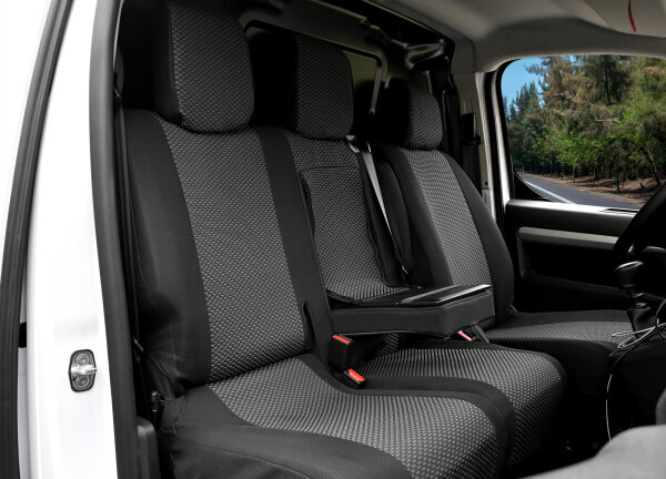 Z4L Sitzbezüge passend für Toyota Proace Verso II ab 2016 - 3 Sitzer - Polyester Schwarz, Grau , LUX - Passgenau für Version mit Tisch Vorne auf dem Beifahrersitz